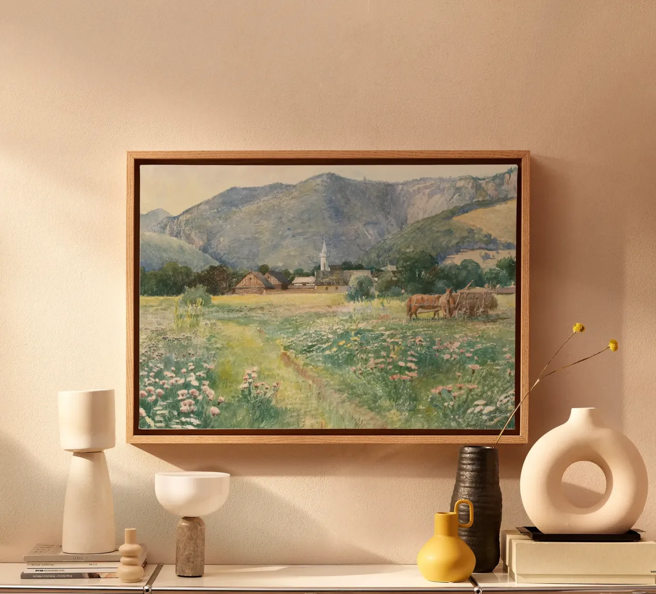 Burningham: Bloeiend weiland, rustiek dorp, impressionistisch canvas van NorwesClub