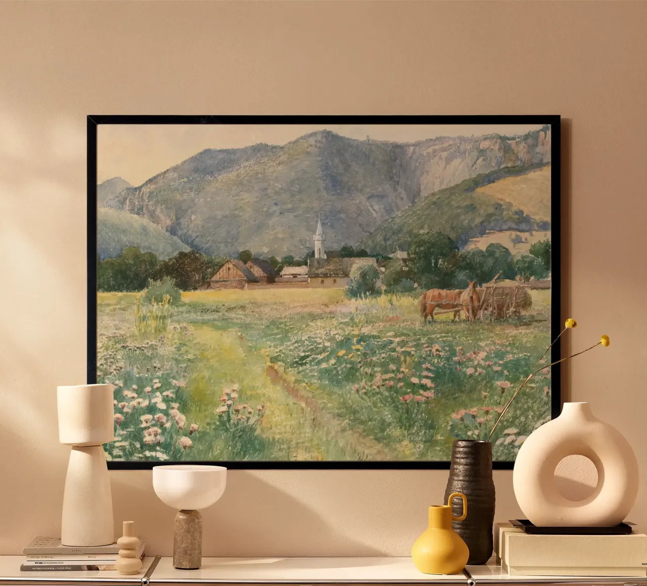 Burningham: Prato fiorito, villaggio rustico, impressionista carta hahnemühle da NorwesClub