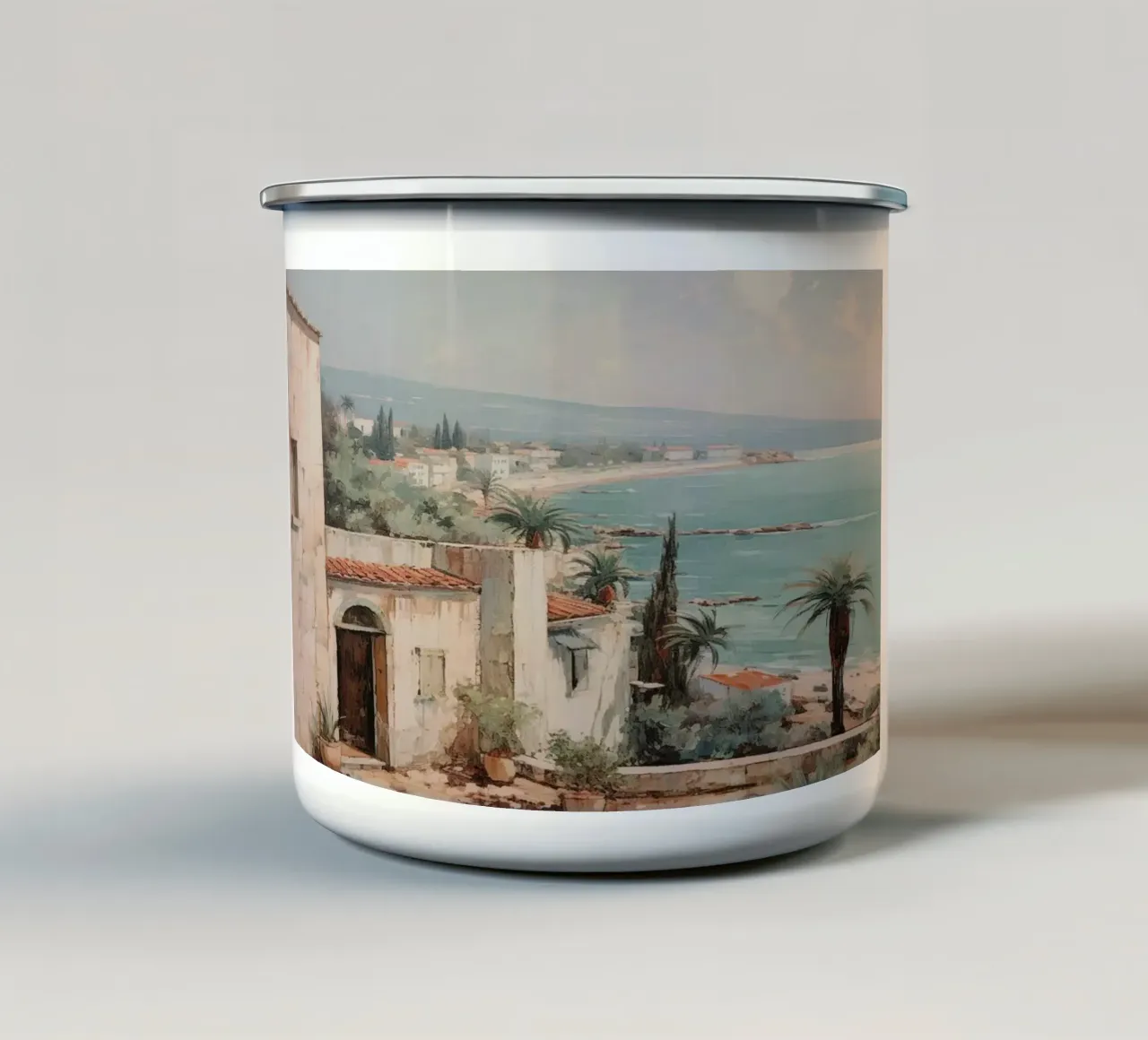 Mokaky: Egeïsche kust, mediterraan zeegezicht, kustdorp emaille mok van NorwesClub