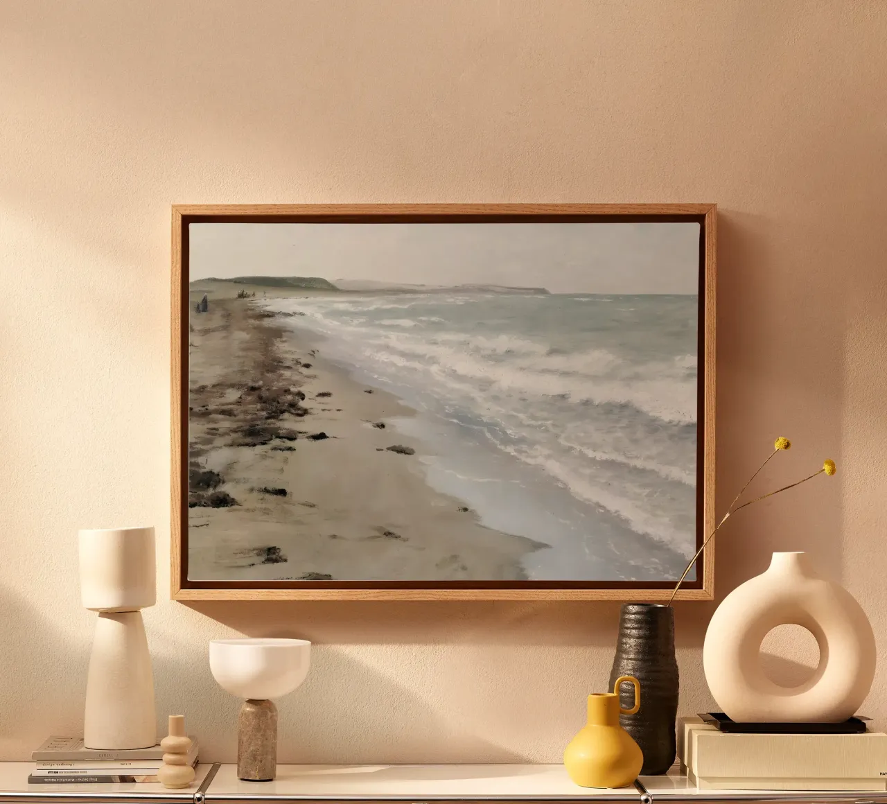Hellebæk Beach: Ombre Shore, Impressionist Coastal Art canvas with Floater frame by NorwesClub