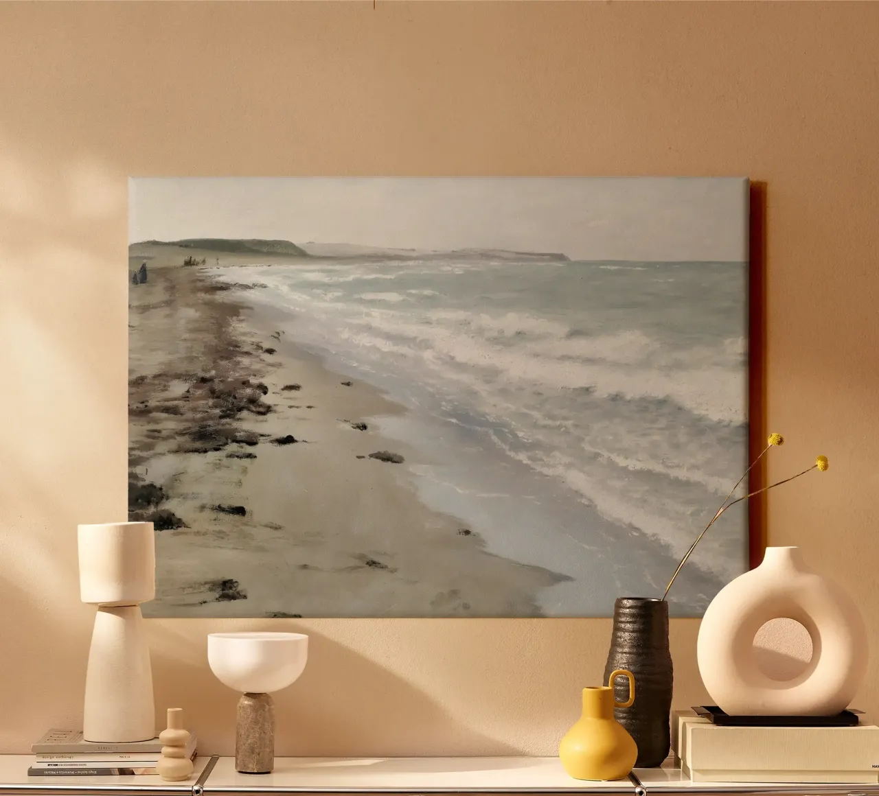 Hellebæk Beach: Ombre Shore, Impressionist Coastal Art canvas with Floater frame by NorwesClub