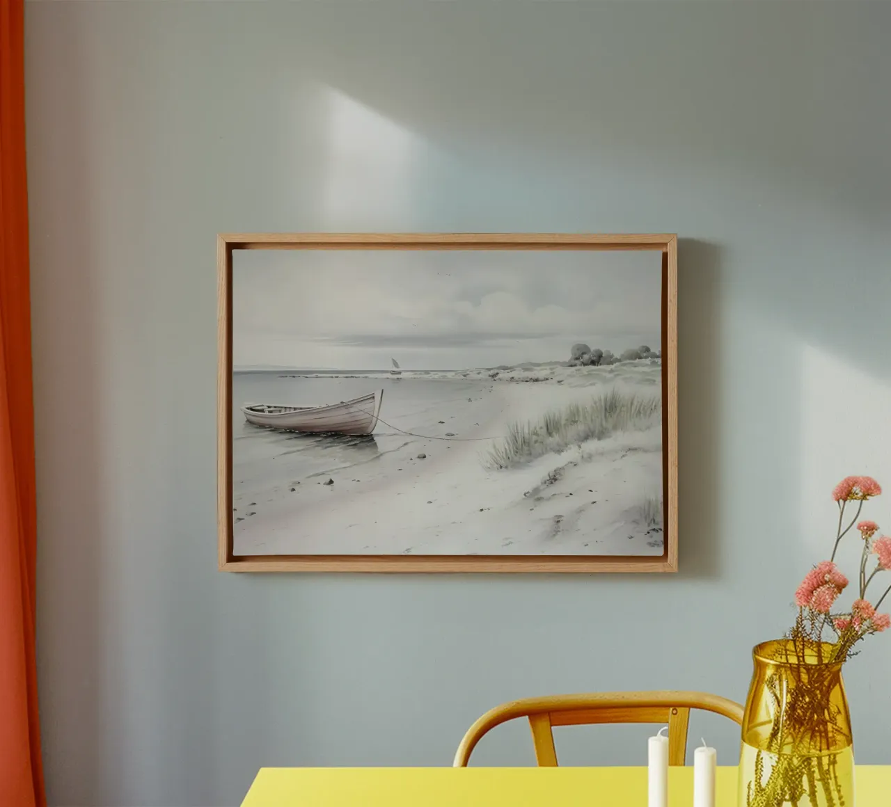 Stile Cottrill: Spiaggia serena, barca a remi, acquerello costiero tela con Cornice a cassetta da NorwesClub