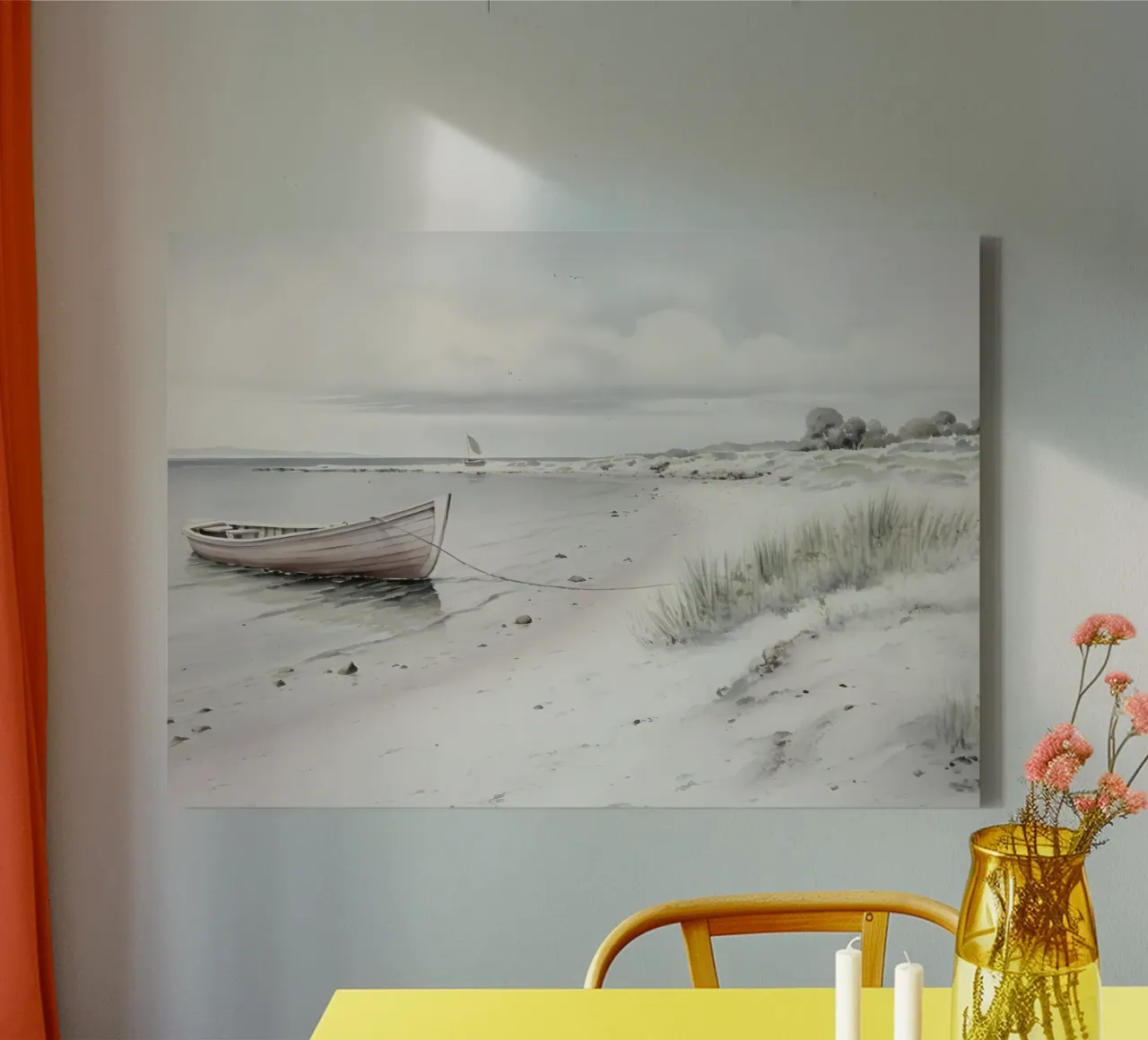 Stile Cottrill: Spiaggia serena, barca a remi, acquerello costiero tela con Cornice a cassetta da NorwesClub
