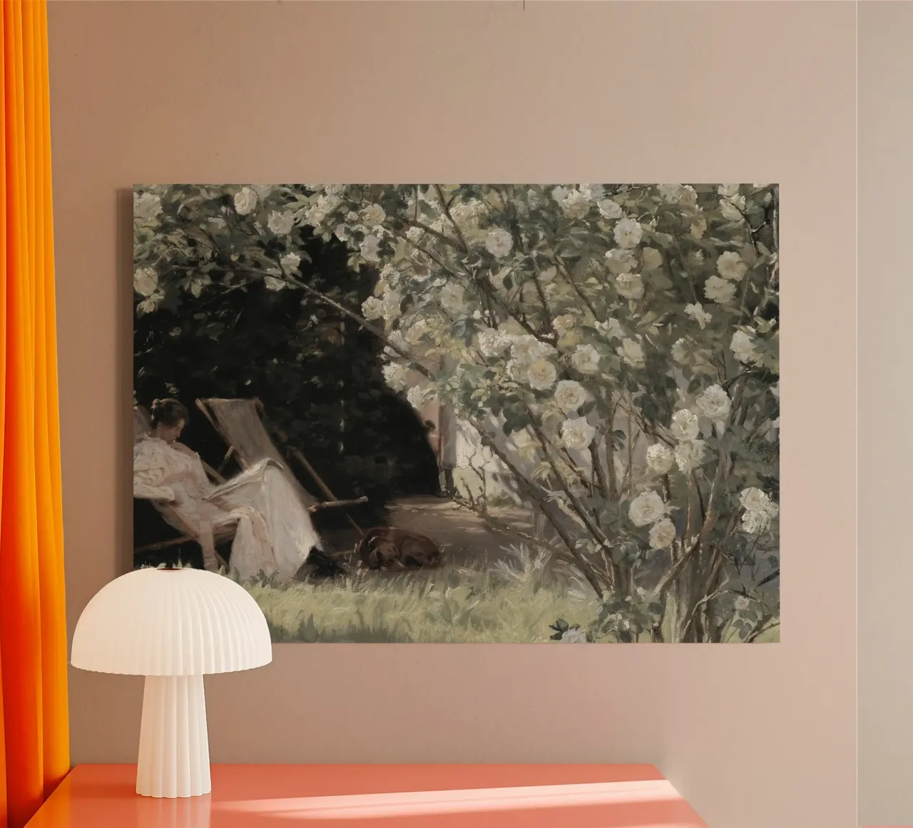 Kröyer: Roses in Bloom, Impressionist Garden, Serene Read canvas with Floater frame by NorwesClub