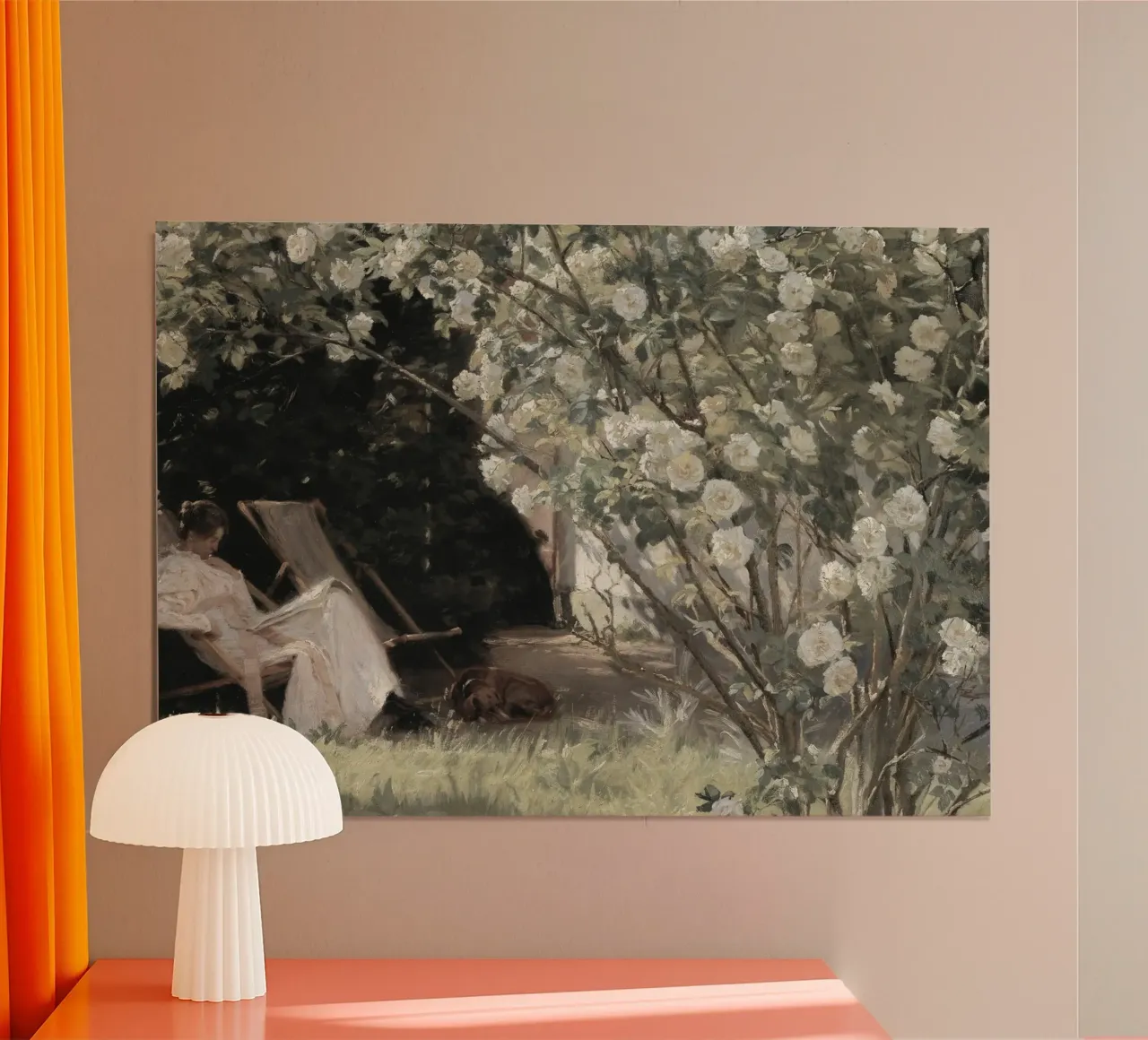 Kröyer: Roses in Bloom, Impressionist Garden, Serene Read poster with wooden frame by NorwesClub