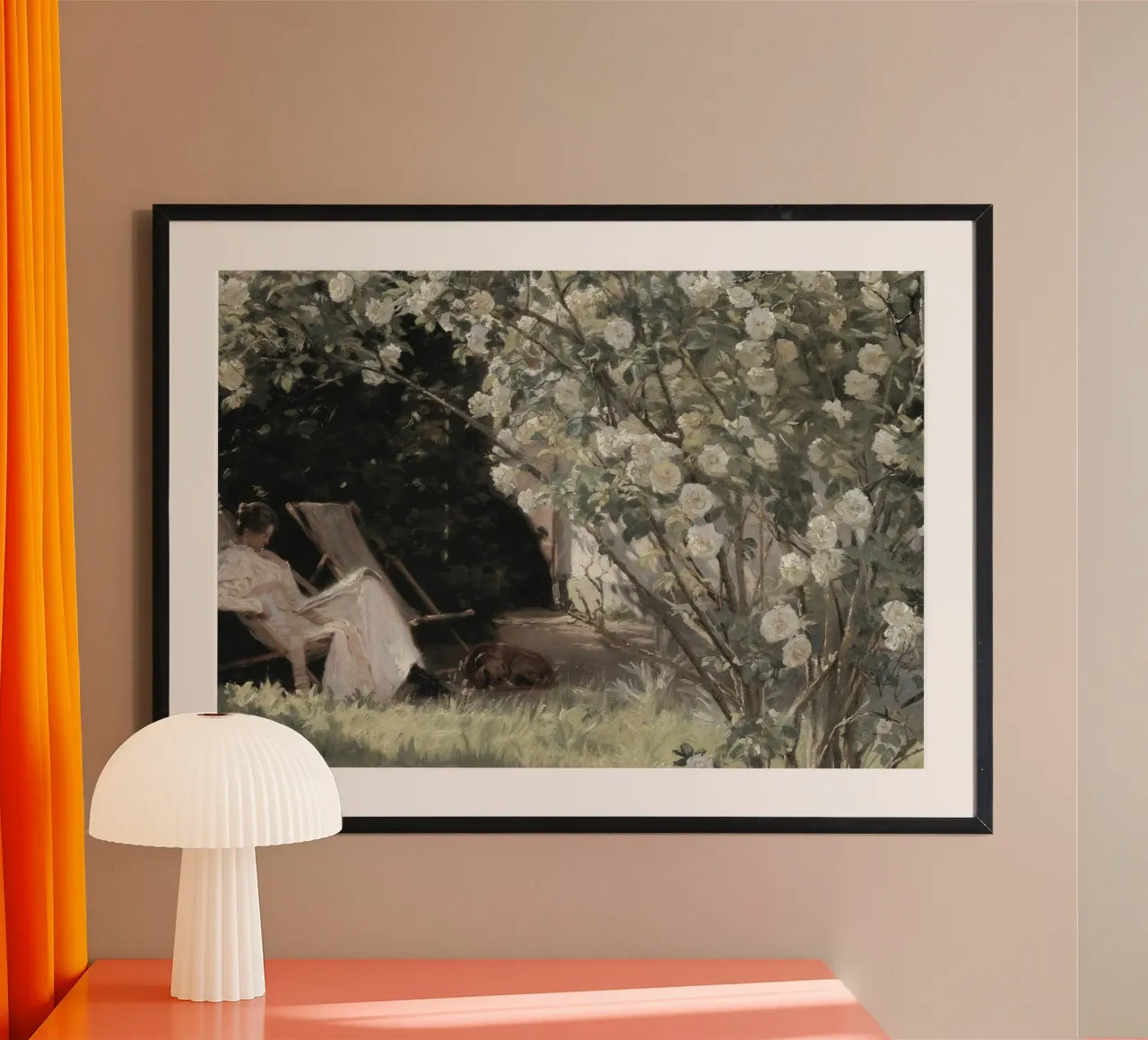 Kröyer: Roses in Bloom, Impressionist Garden, Serene Read poster with wooden frame by NorwesClub