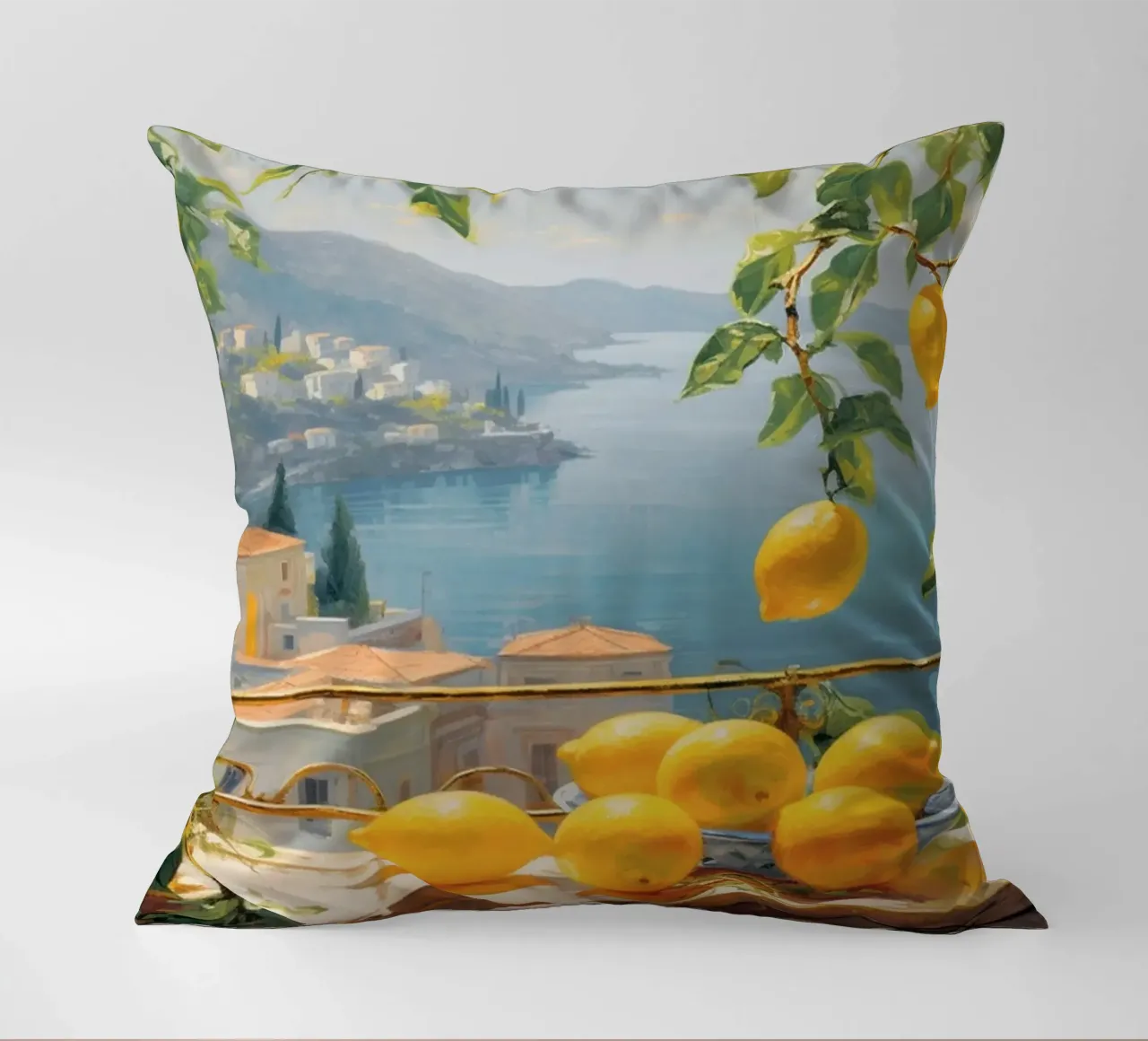 Mokaky Amalfi Lemons, Italian Summer Window Art Print decorative cushion by NorwesClub