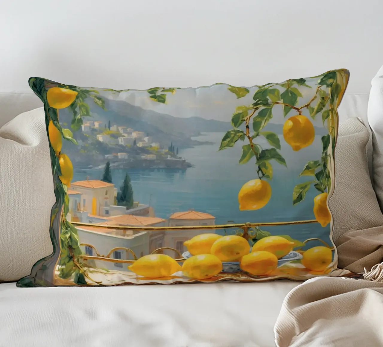 Mokaky Amalfi Lemons, Italian Summer Window Art Print decorative cushion by NorwesClub
