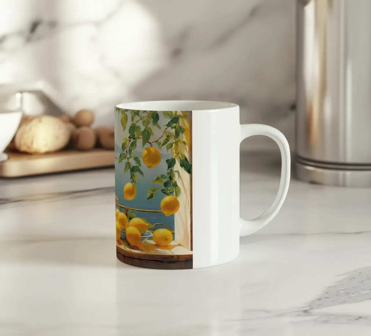 Mokaky Amalfi Lemons, Italian Summer Window Art Print ceramic mug by NorwesClub