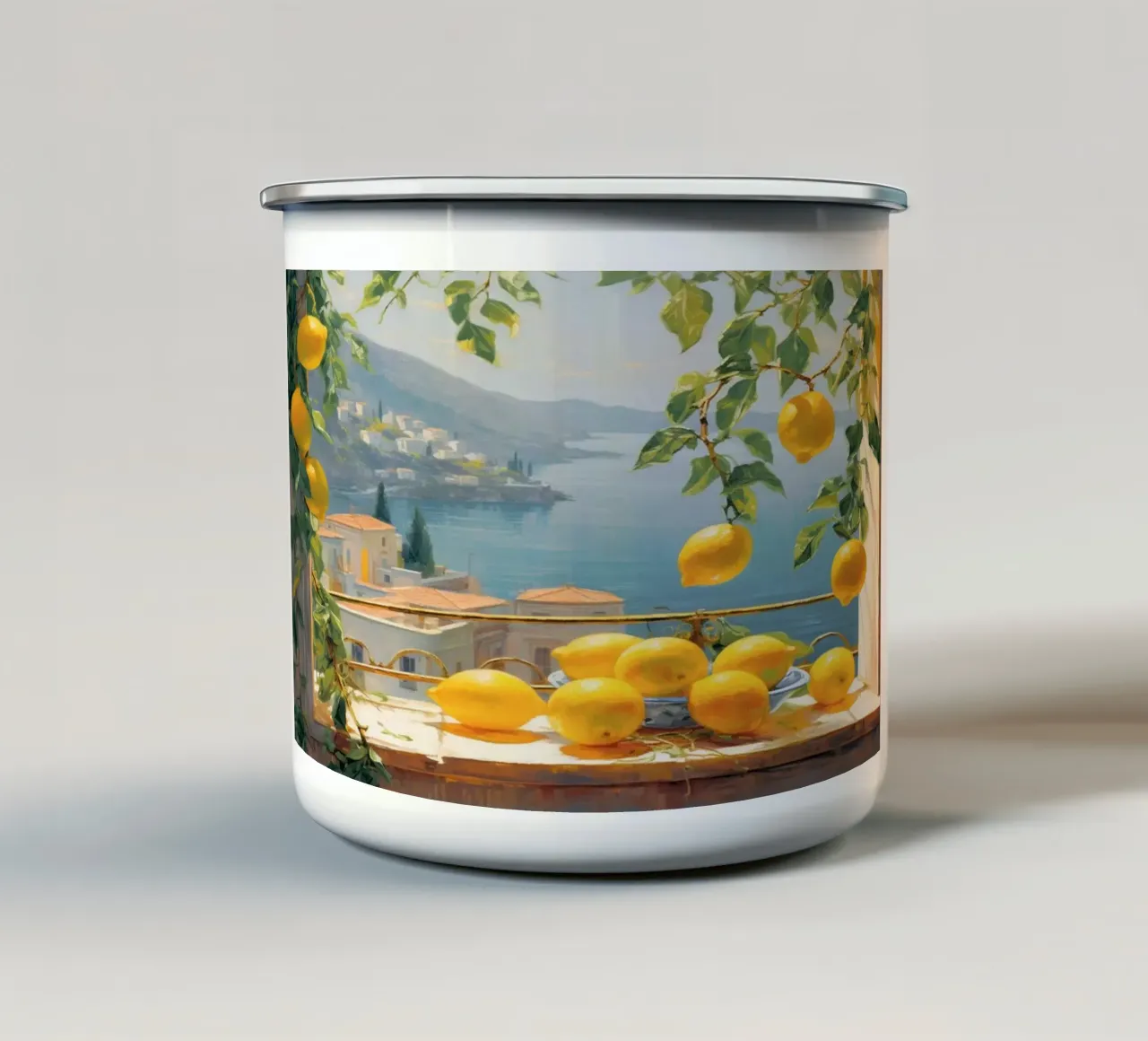 Mokaky Amalfi Lemons, Italian Summer Window Art Print enamel mug by NorwesClub
