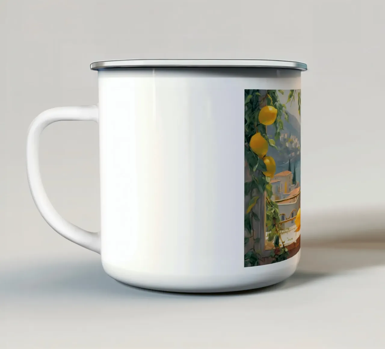 Mokaky Amalfi Lemons, Italian Summer Window Art Print enamel mug by NorwesClub