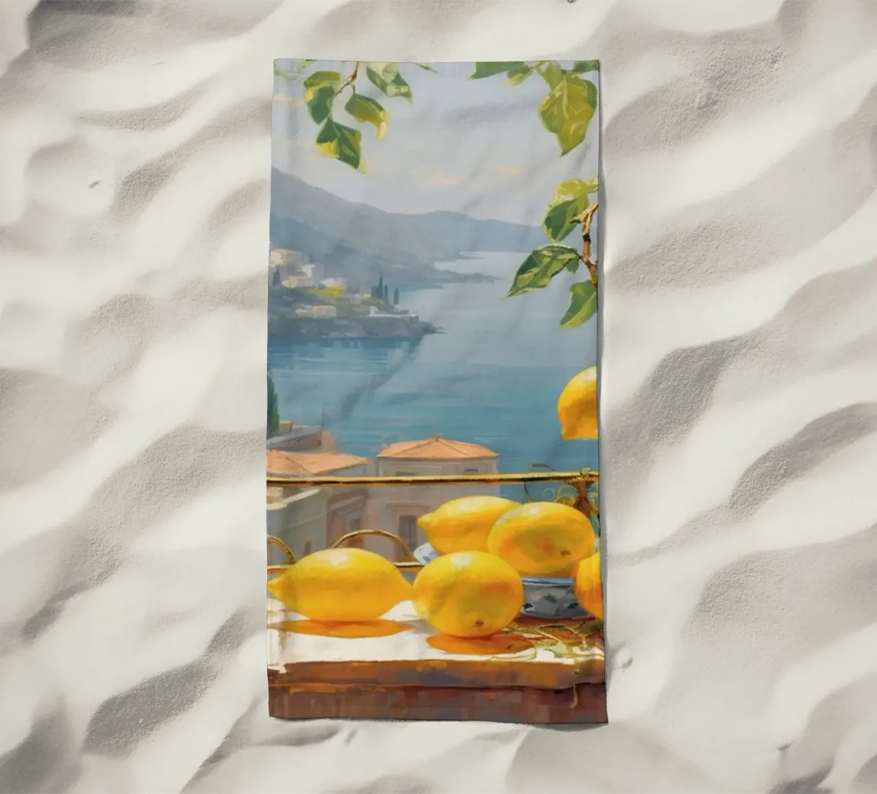 Mokaky Amalfi Zitronen, Italienischer Sommer Fenster Kunstdruck Strandtuch von NorwesClub