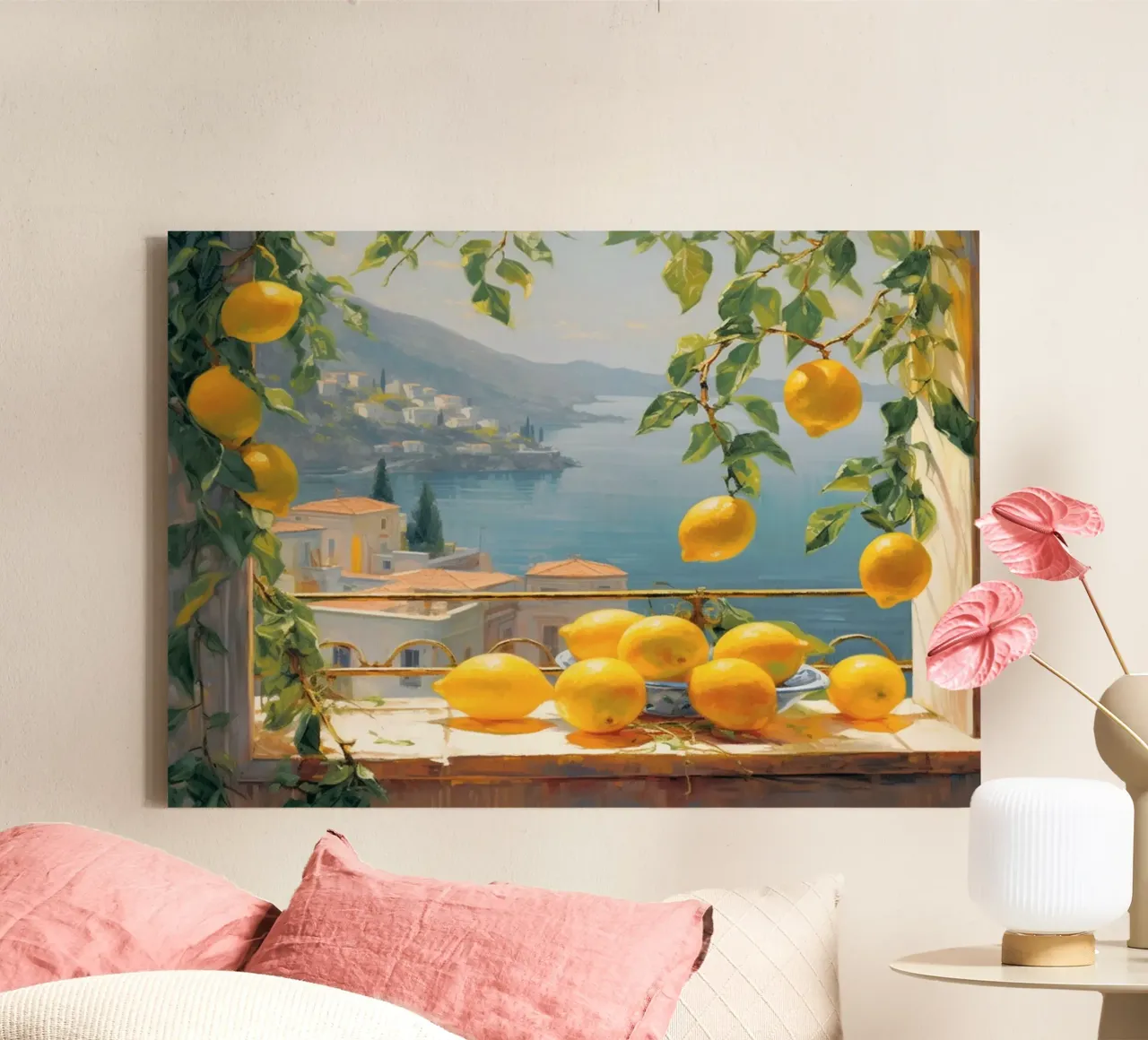 Mokaky Amalfi Lemons, Italian Summer Window Art Print canvas by NorwesClub