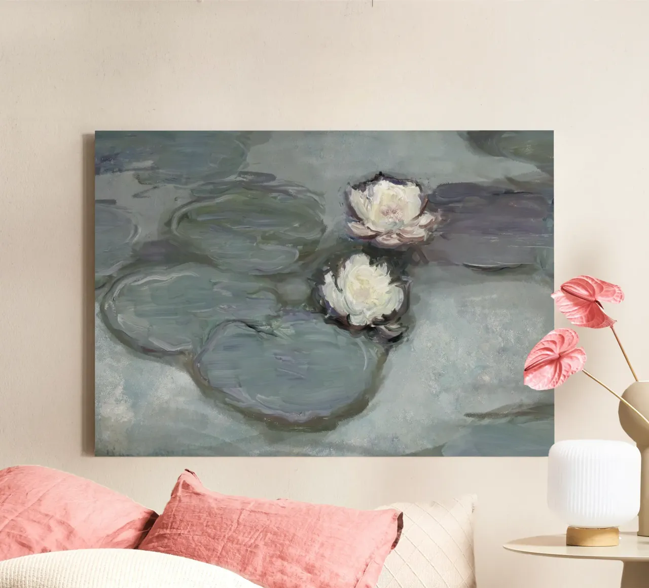 Monet Water Lilies Detail, Serene Impressionist Print canvas with Floater frame by NorwesClub