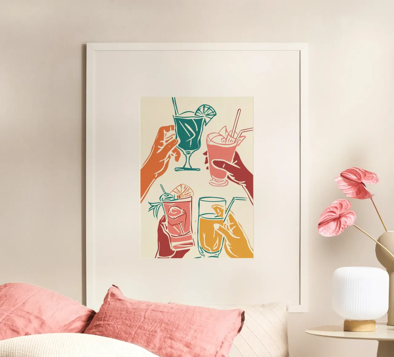 Kleurrijke Cocktail Toast Art Print - Retro Bar Decor - Proost poster met aluminium frame van NorwesClub
