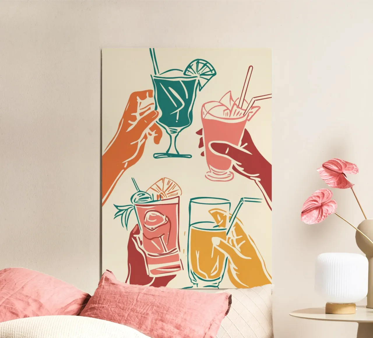 Kleurrijke Cocktail Toast Art Print - Retro Bar Decor - Proost poster met aluminium frame van NorwesClub