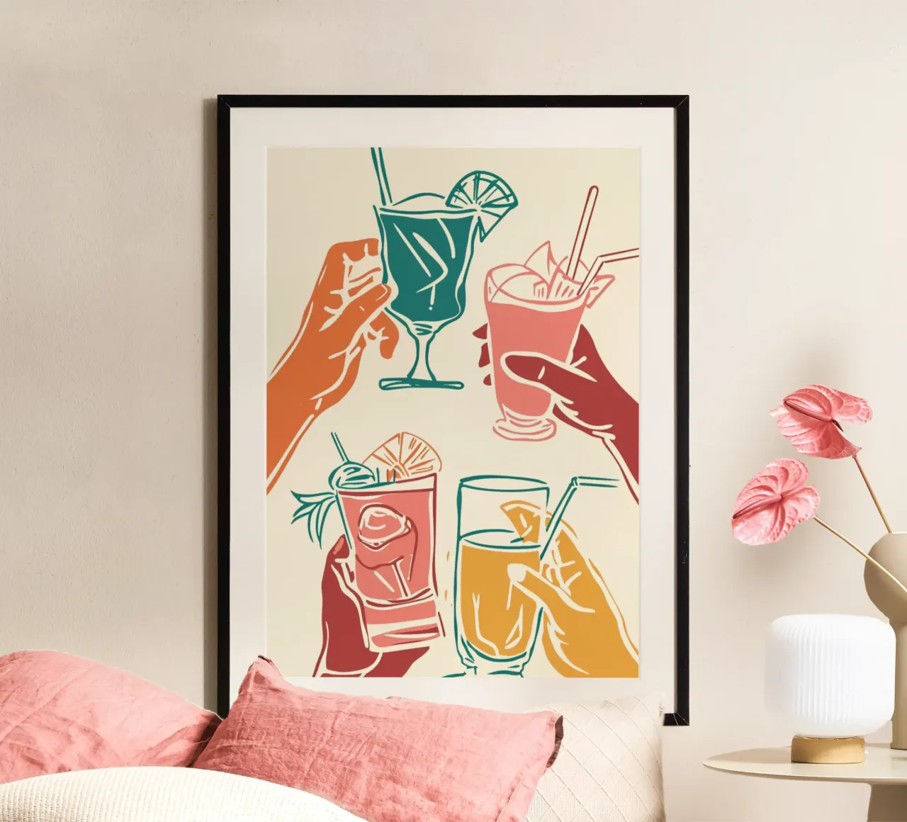 Kleurrijke Cocktail Toast Art Print - Retro Bar Decor - Proost poster met aluminium frame van NorwesClub