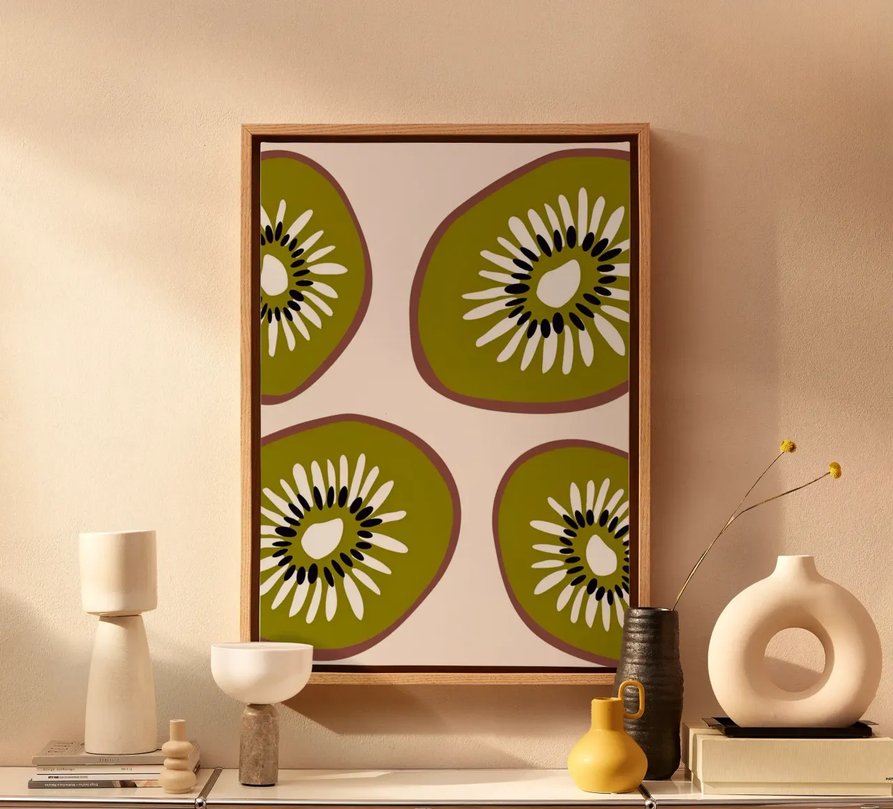 Abstract Kiwi Slices Pattern Poster - Modern Botanical Wall canvas with Floater frame by NorwesClub