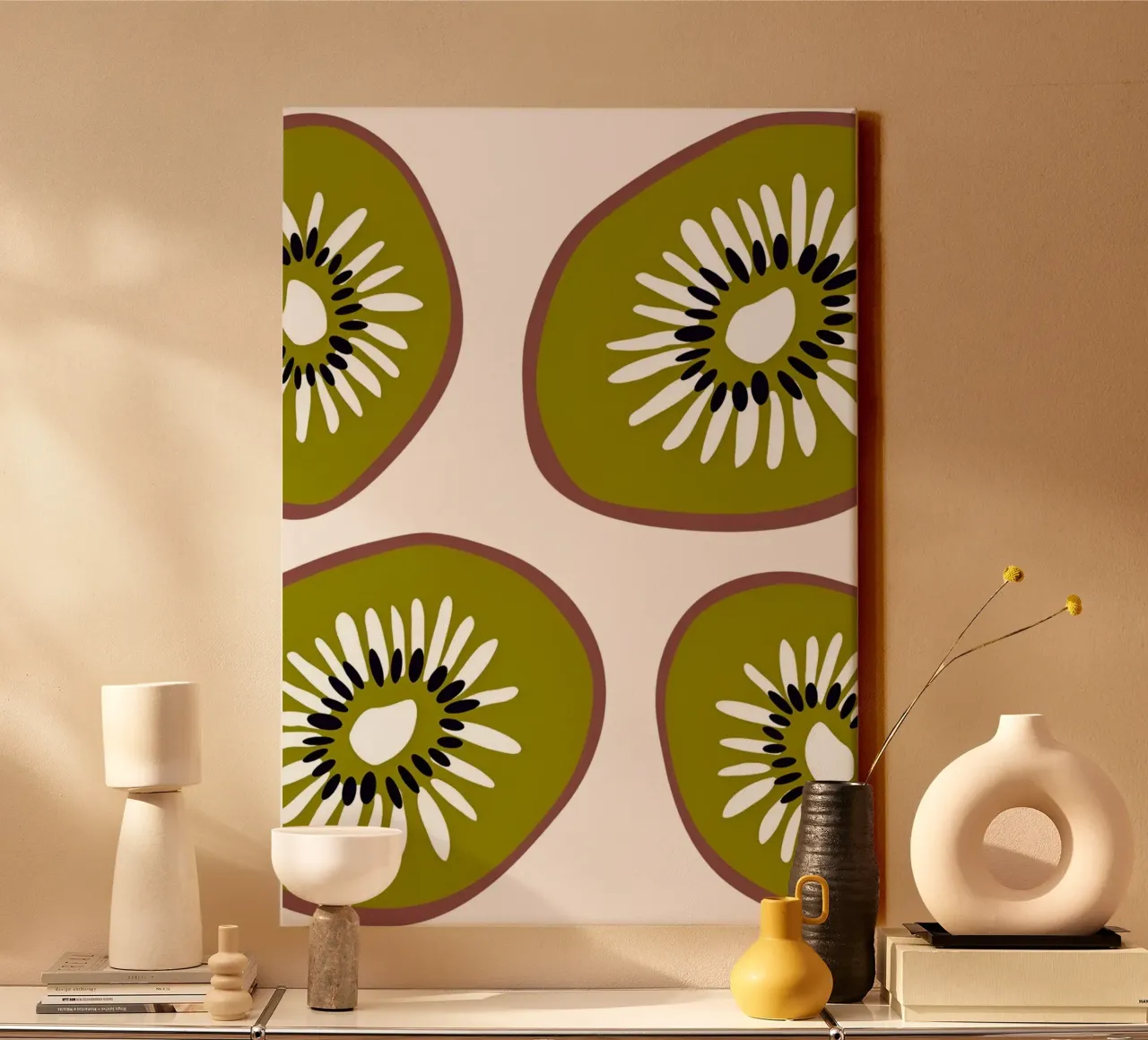 Abstract Kiwi Slices Pattern Poster - Modern Botanical Wall canvas with Floater frame by NorwesClub