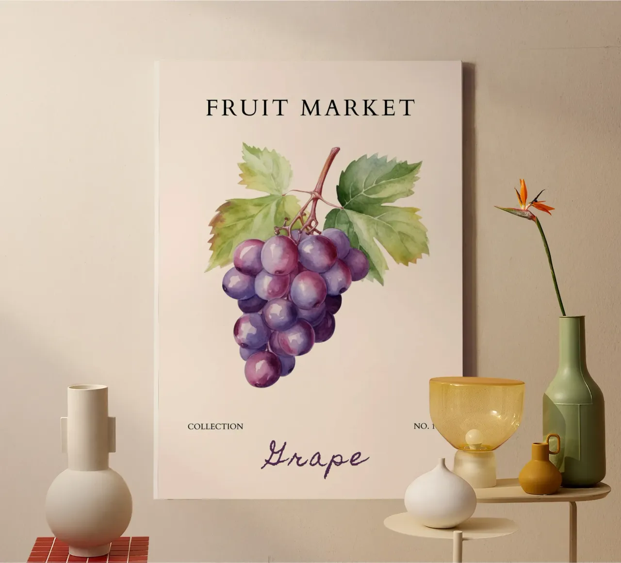 Poster sul mercato dell'uva e della frutta - Acquerello botanico - Kitch tela da NorwesClub