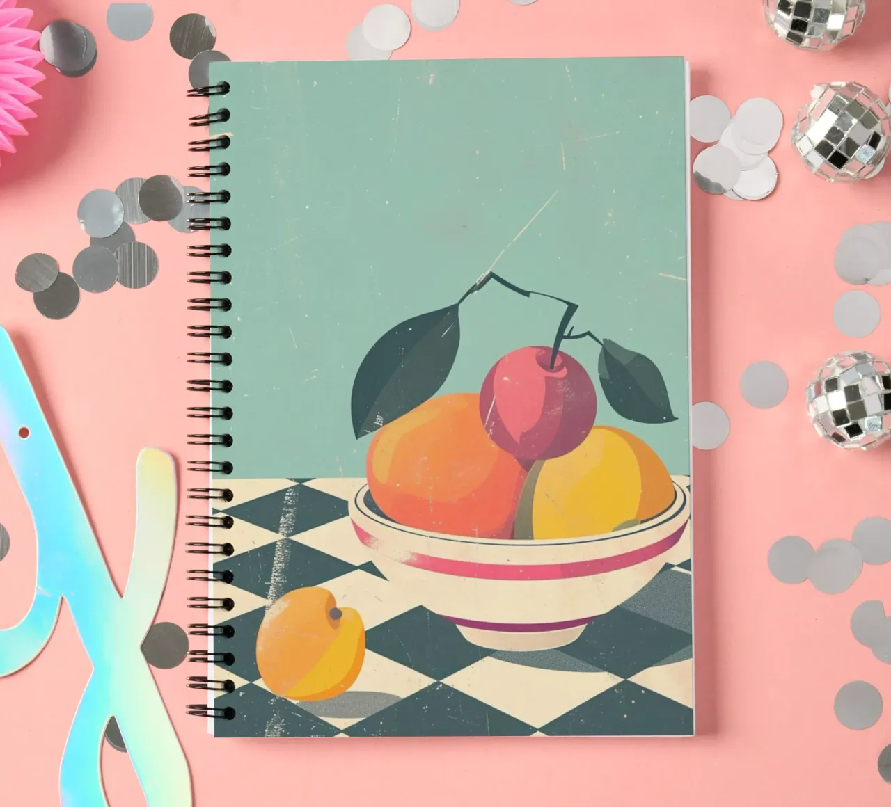 Abstract Fruit Bowl Retro Poster - Mid-Century Modern Kitche spiral notebook by NorwesClub