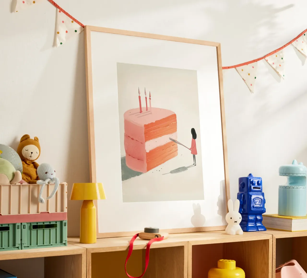 Stampa d'arte sulla celebrazione della torta di compleanno - Post sul dessert stravagante poster con telaio in legno da NorwesClub