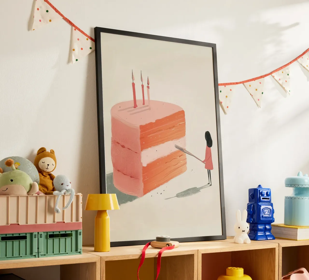 Stampa d'arte sulla celebrazione della torta di compleanno - Post sul dessert stravagante poster con telaio in legno da NorwesClub