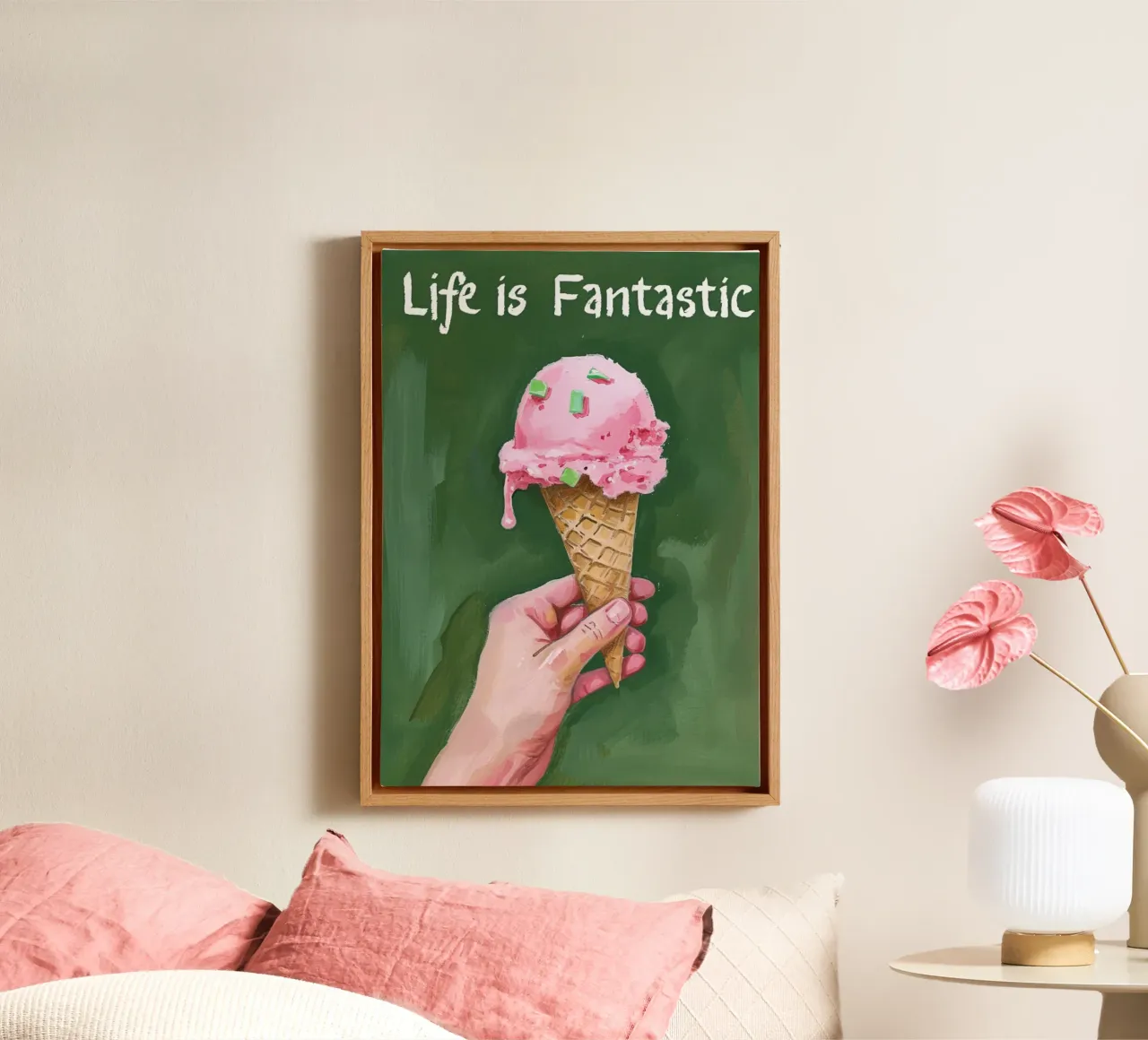 "Het leven is fantastisch" IJshoorn Kunst - Zoet & Positief Po canvas met Baklijst van NorwesClub