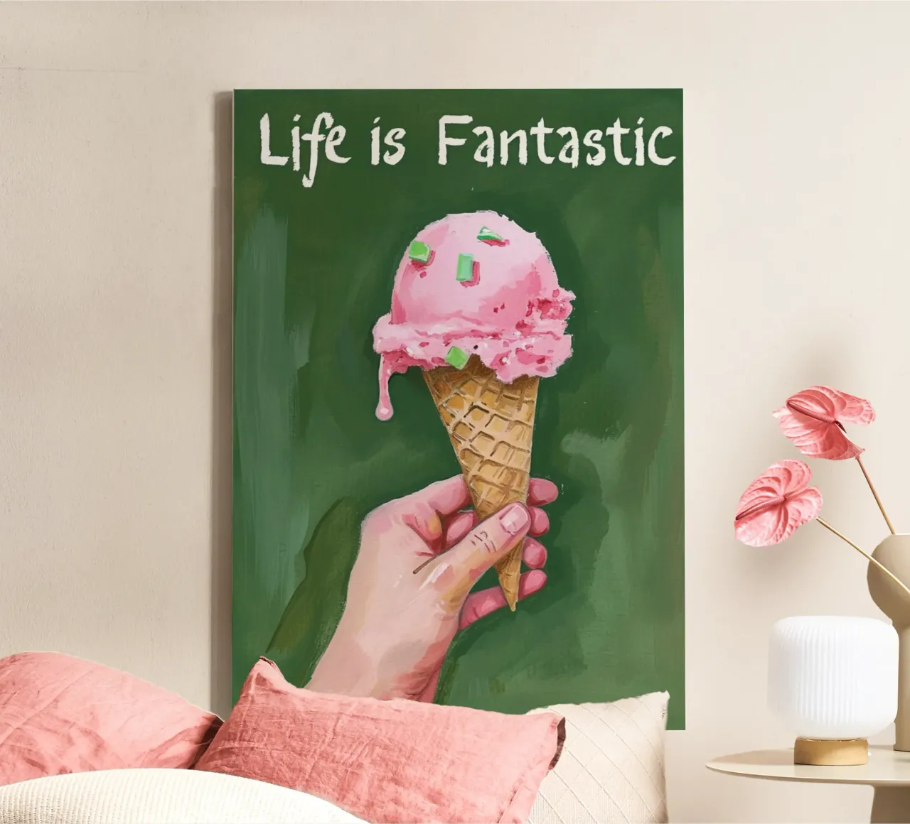 "Het leven is fantastisch" IJshoorn Kunst - Zoet & Positief Po canvas met Baklijst van NorwesClub