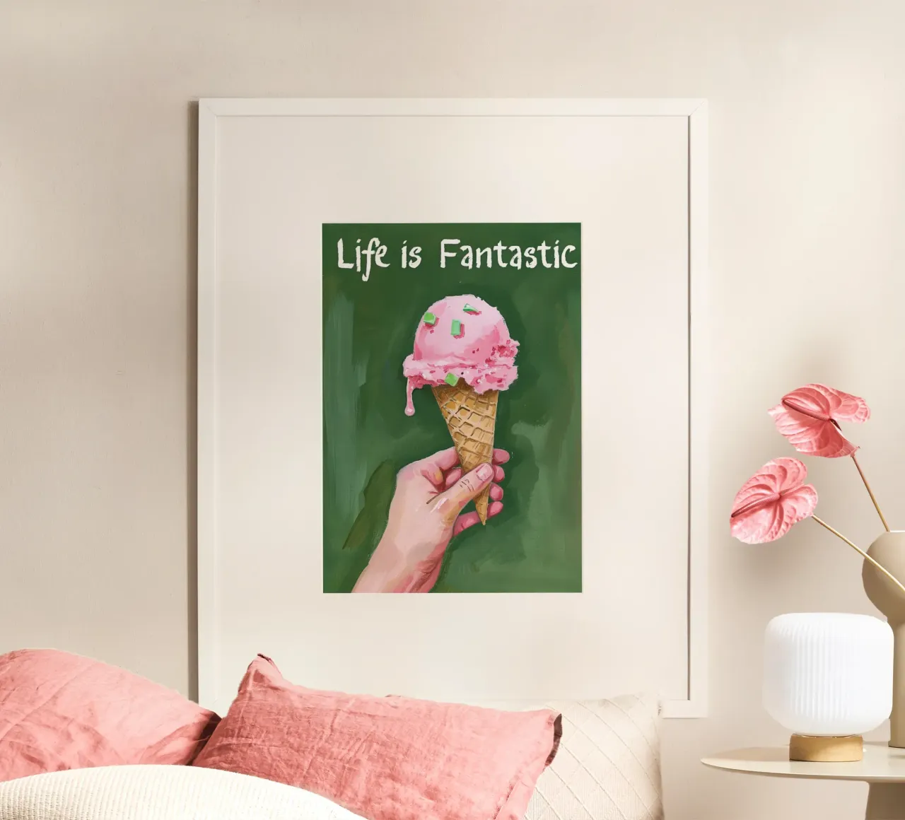 Arte del cono gelato "La vita è fantastica" - Dolce e positivo Po poster con telaio in plastica da NorwesClub