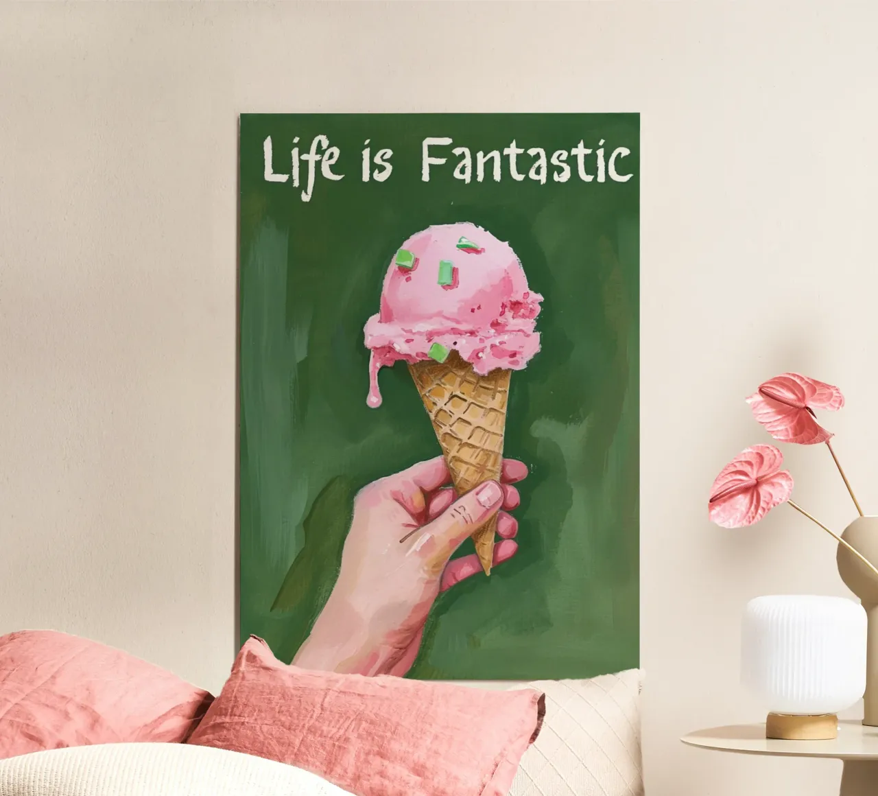 Arte del cono gelato "La vita è fantastica" - Dolce e positivo Po poster con telaio in plastica da NorwesClub