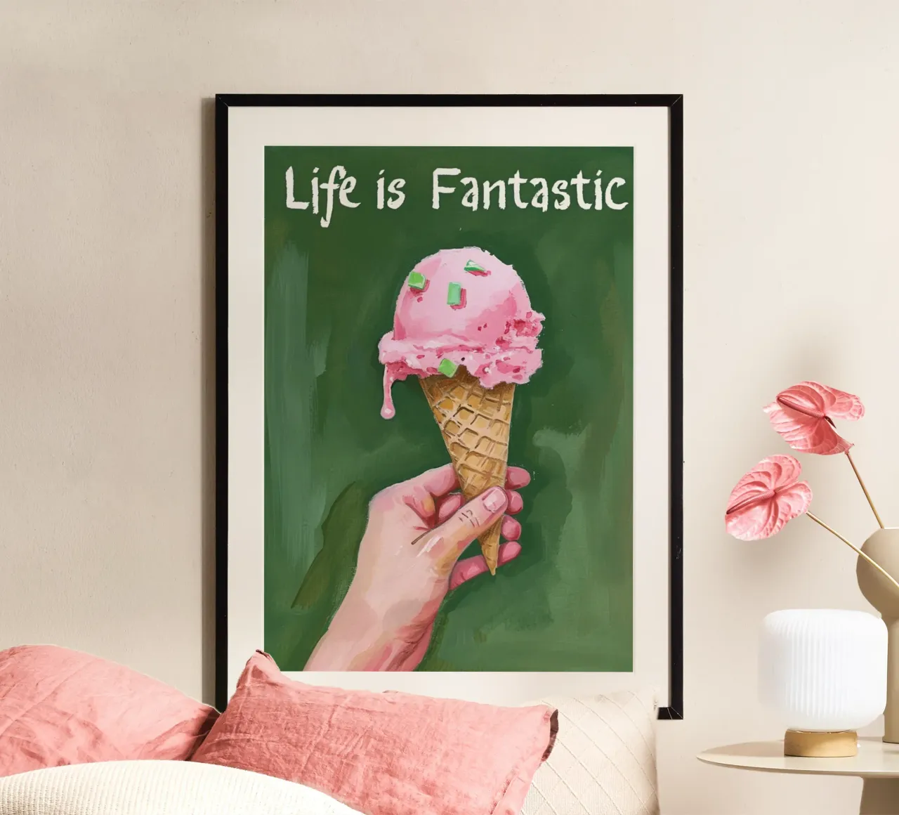 Arte del cono gelato "La vita è fantastica" - Dolce e positivo Po poster con telaio in plastica da NorwesClub
