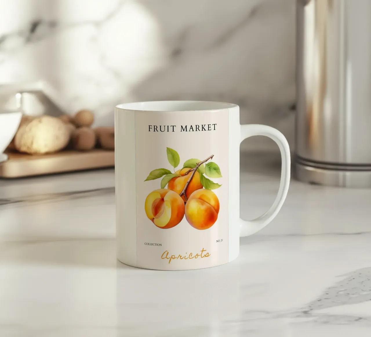 Poster del mercato della frutta di albicocca - Acquerello botanico - Kit tazza in ceramica da NorwesClub