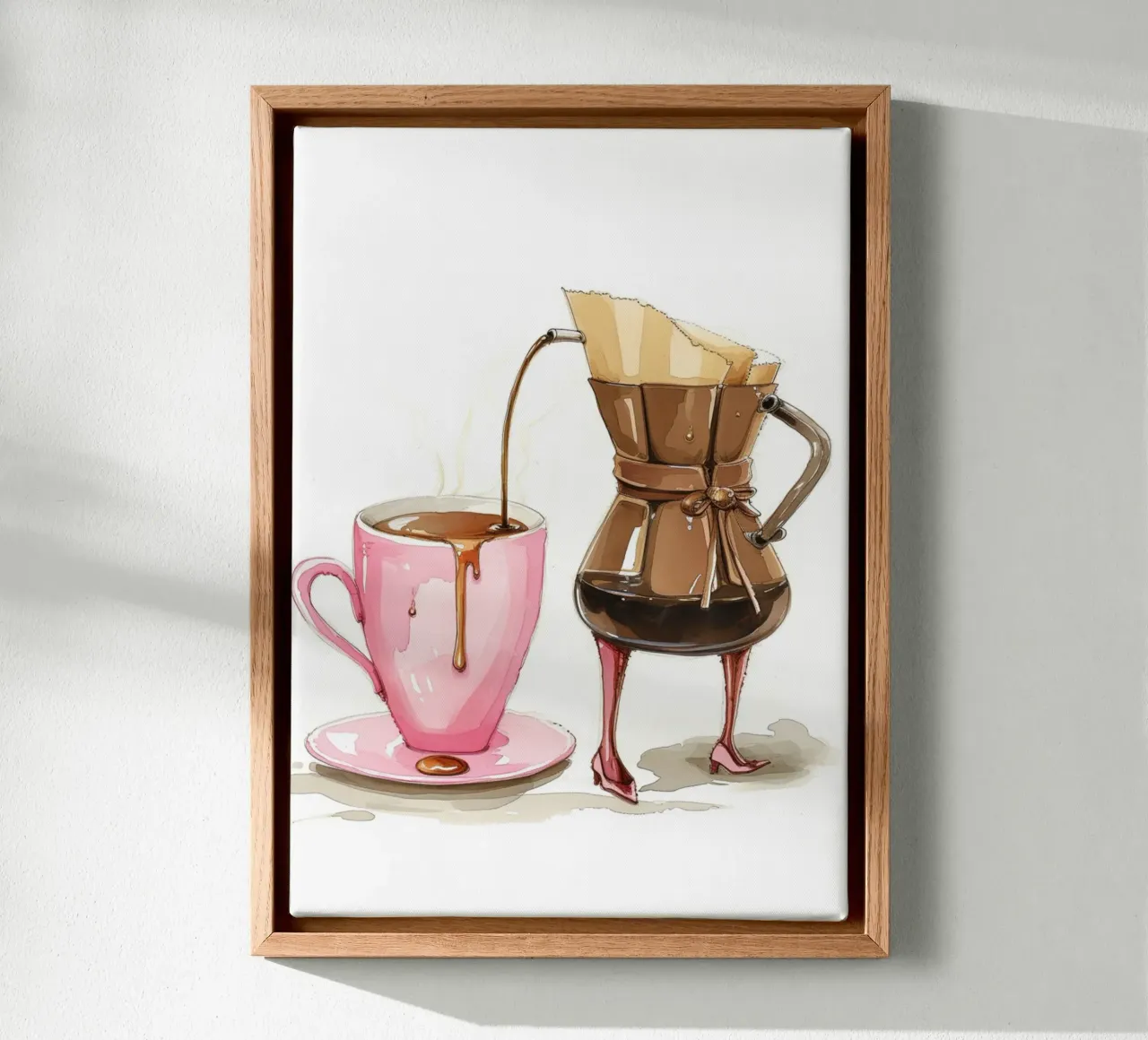 Grillige koffie pour over kunst - Roze en bruin keukendecor canvas met Baklijst van NorwesClub