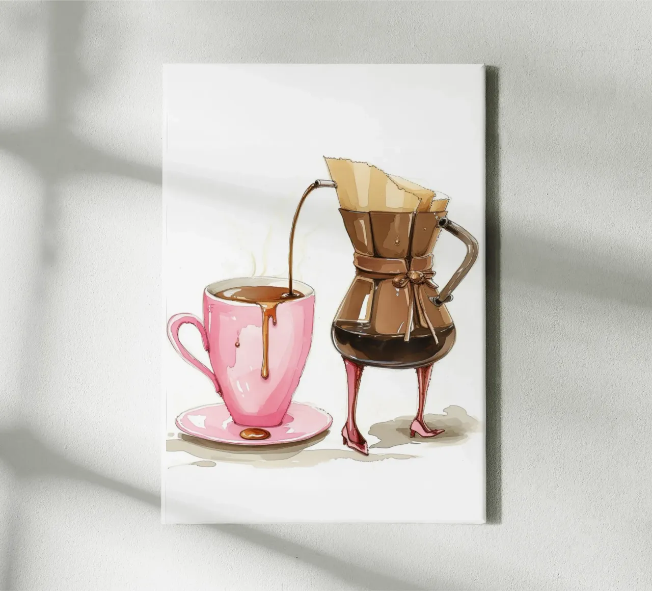 Grillige koffie pour over kunst - Roze en bruin keukendecor canvas met Baklijst van NorwesClub