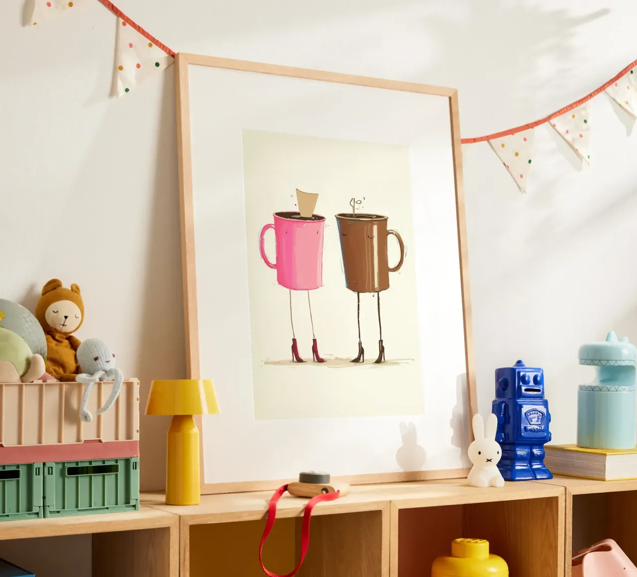 Stampa d'arte stravagante "Tazze di caffè con i tacchi" - Coffee Lover De poster con telaio in legno da NorwesClub