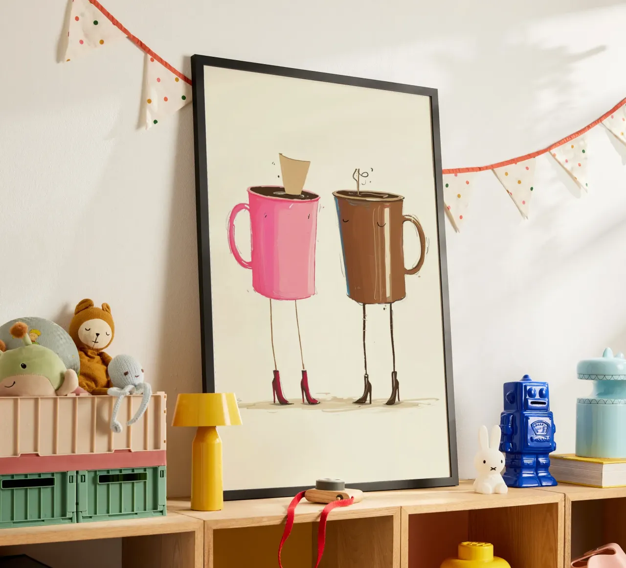 Stampa d'arte stravagante "Tazze di caffè con i tacchi" - Coffee Lover De poster con telaio in legno da NorwesClub