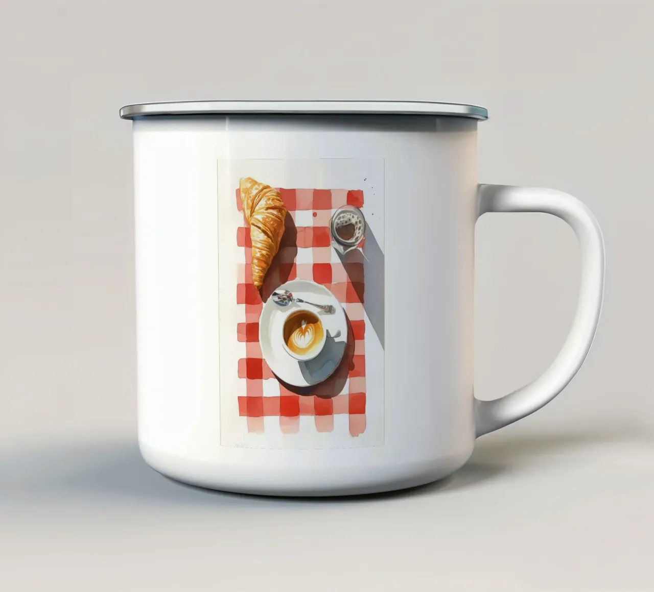 Colazione francese al caffè - Croissant, caffè, acquerello P tazza in smalto da NorwesClub