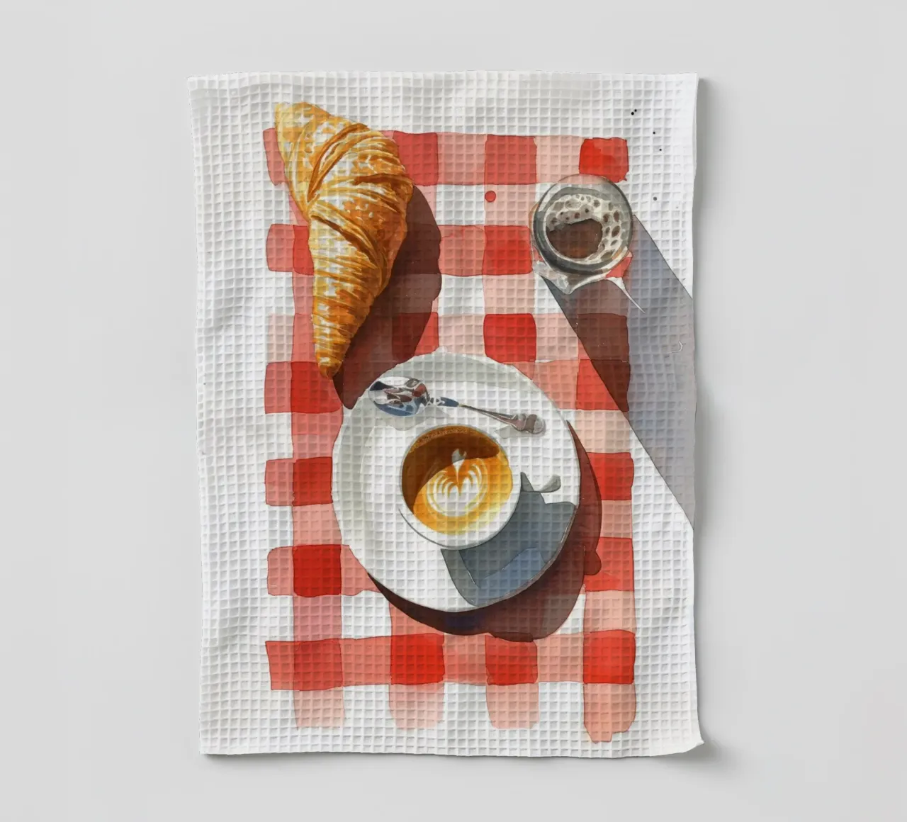Colazione francese al caffè - Croissant, caffè, acquerello P canovaccio da cucina da NorwesClub