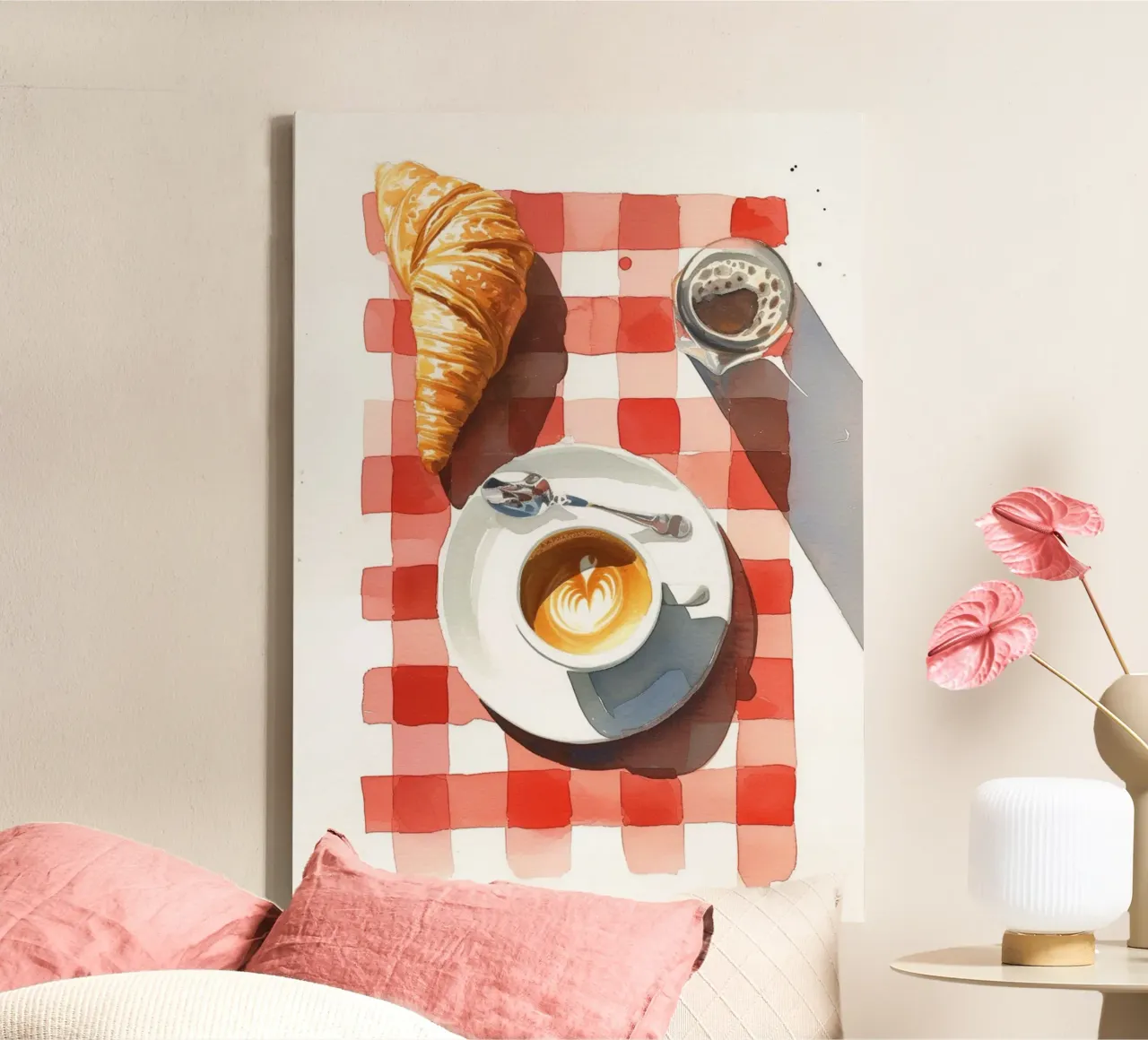 Colazione francese al caffè - Croissant, caffè, acquerello P tela con Cornice a cassetta da NorwesClub