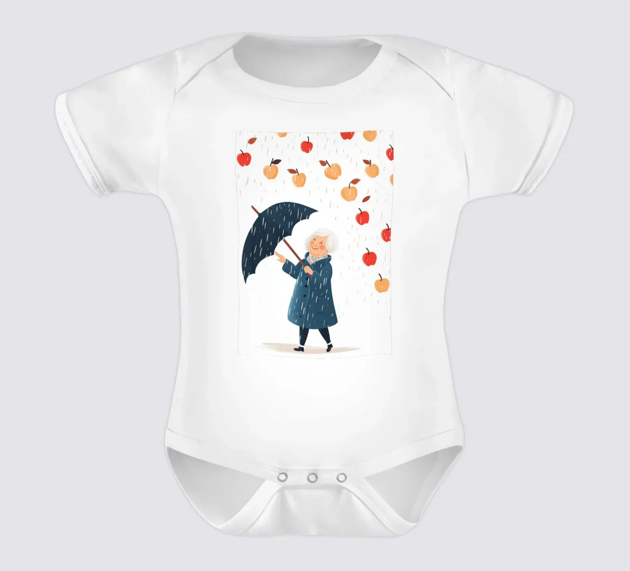 Skurriler Apfelregen Kunstdruck - Großmutters fröhlicher Regenschirm Kurzarm Babybody von NorwesClub