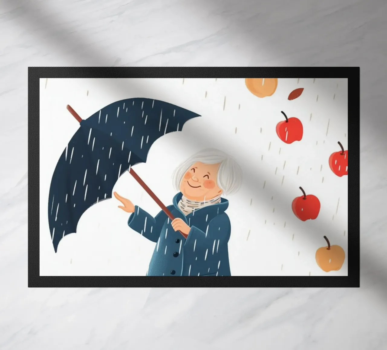 Skurriler Apfelregen Kunstdruck - Großmutters fröhlicher Regenschirm Fußmatte von NorwesClub