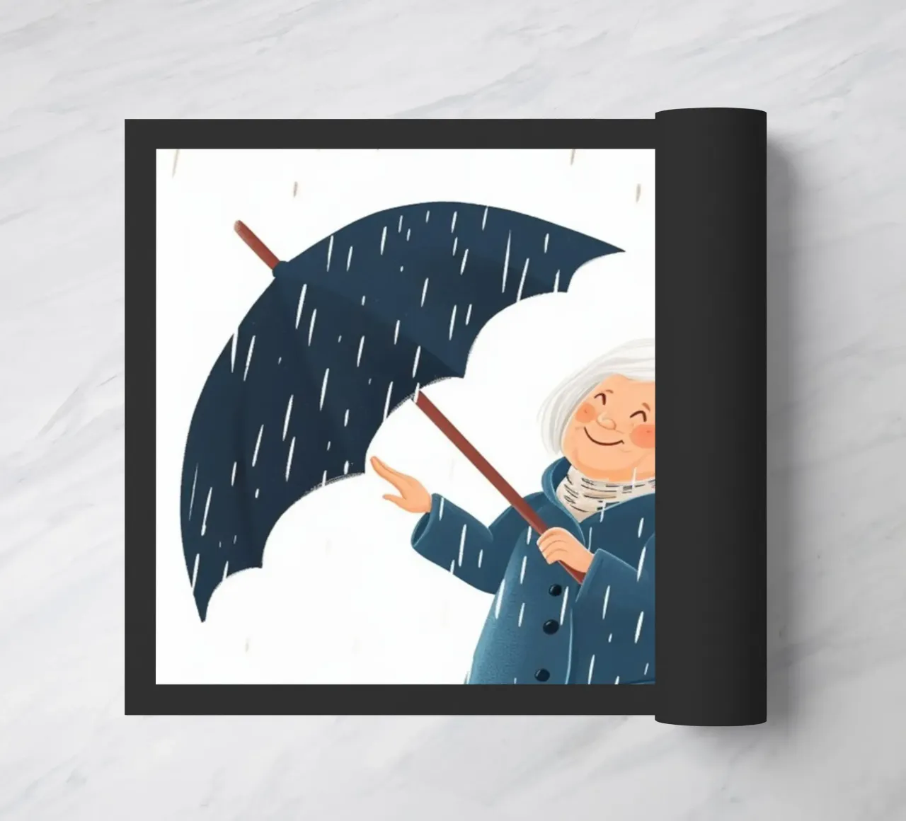 Skurriler Apfelregen Kunstdruck - Großmutters fröhlicher Regenschirm Fußmatte von NorwesClub