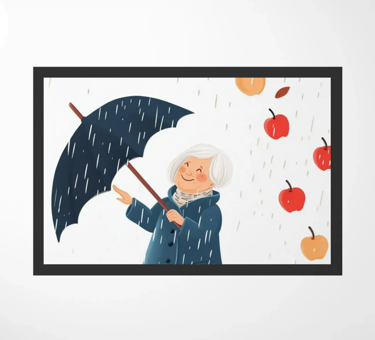 Skurriler Apfelregen Kunstdruck - Großmutters fröhlicher Regenschirm Fußmatte von NorwesClub