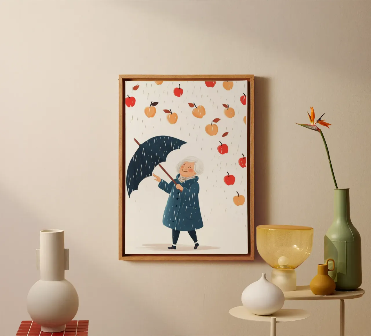 Stampa d'arte con pioggia di mele - L'ombrello gioioso della nonna tela con Cornice a cassetta da NorwesClub