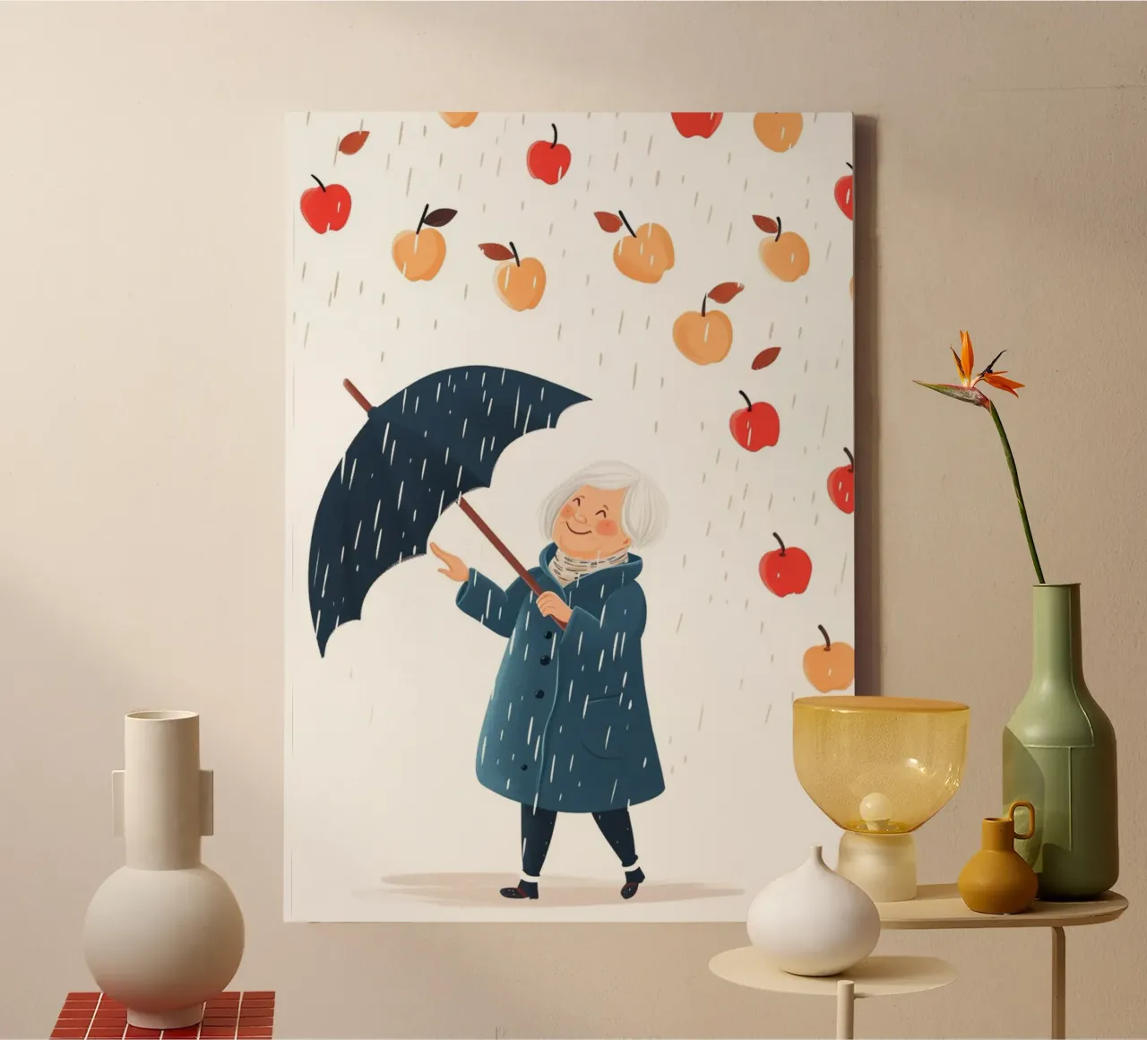 Stampa d'arte con pioggia di mele - L'ombrello gioioso della nonna tela con Cornice a cassetta da NorwesClub