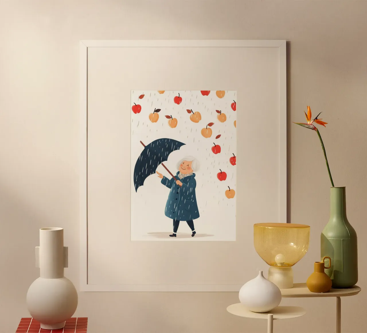 Stampa d'arte con pioggia di mele - L'ombrello gioioso della nonna poster da NorwesClub