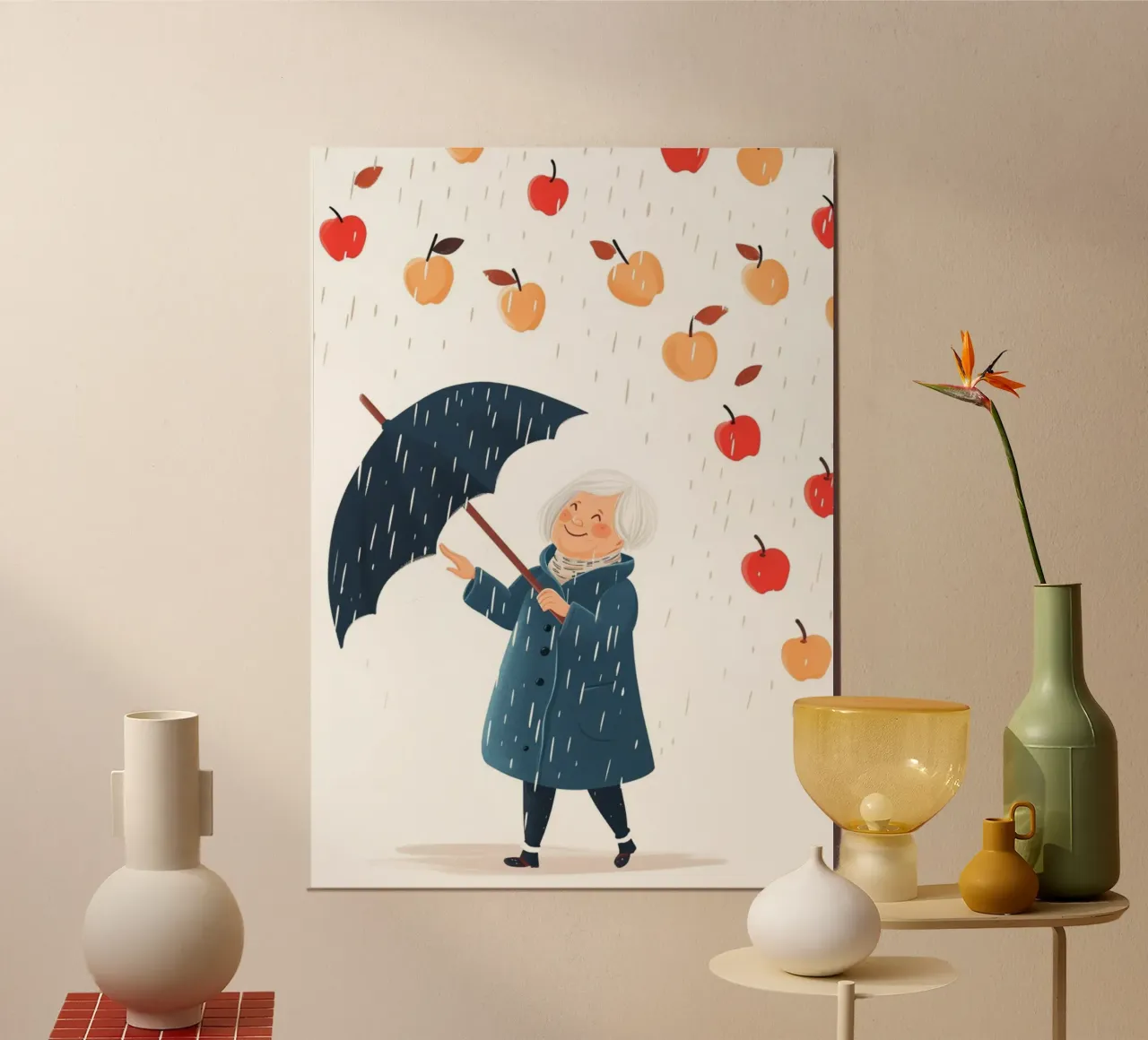Stampa d'arte con pioggia di mele - L'ombrello gioioso della nonna poster da NorwesClub