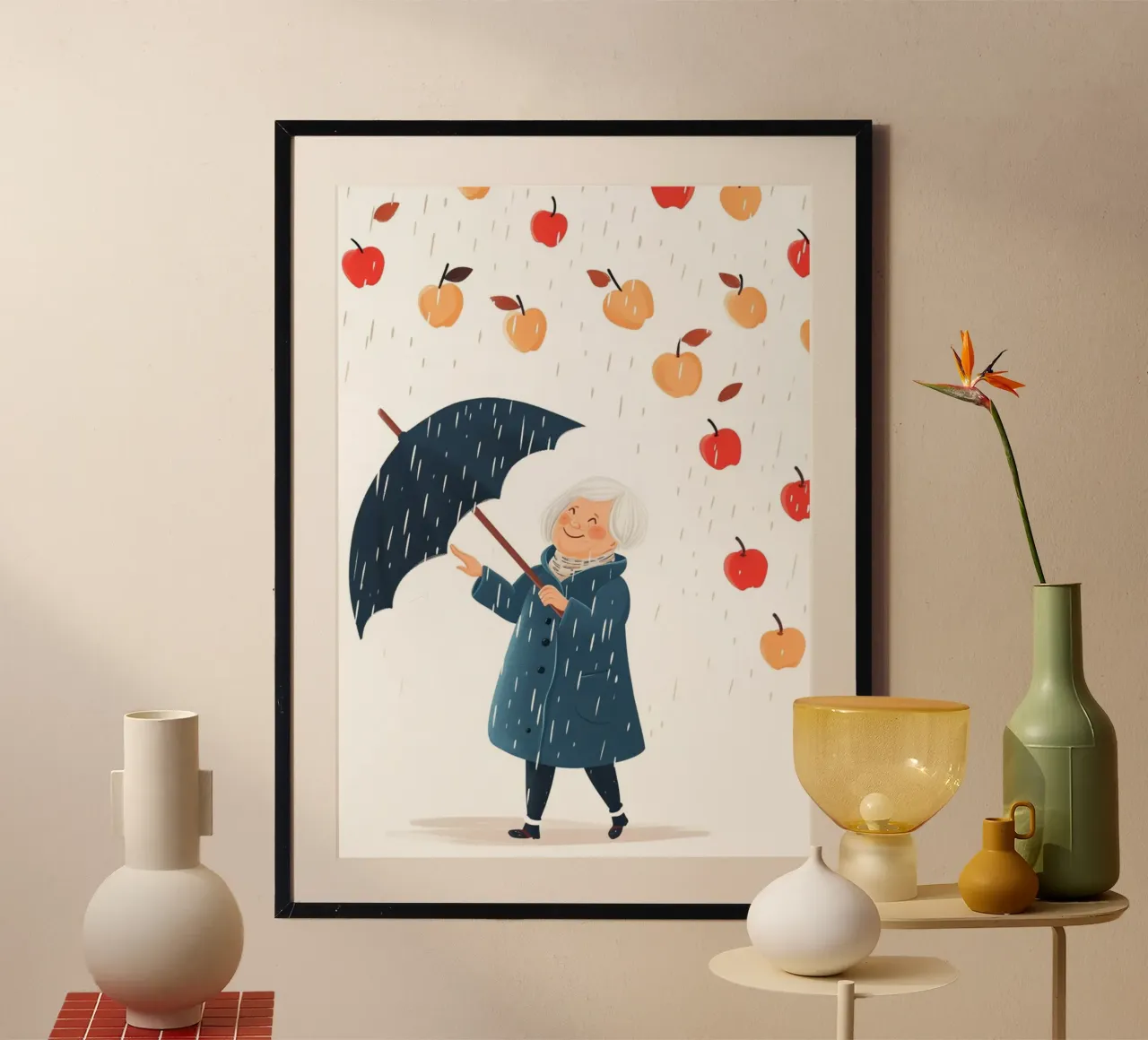 Stampa d'arte con pioggia di mele - L'ombrello gioioso della nonna poster da NorwesClub