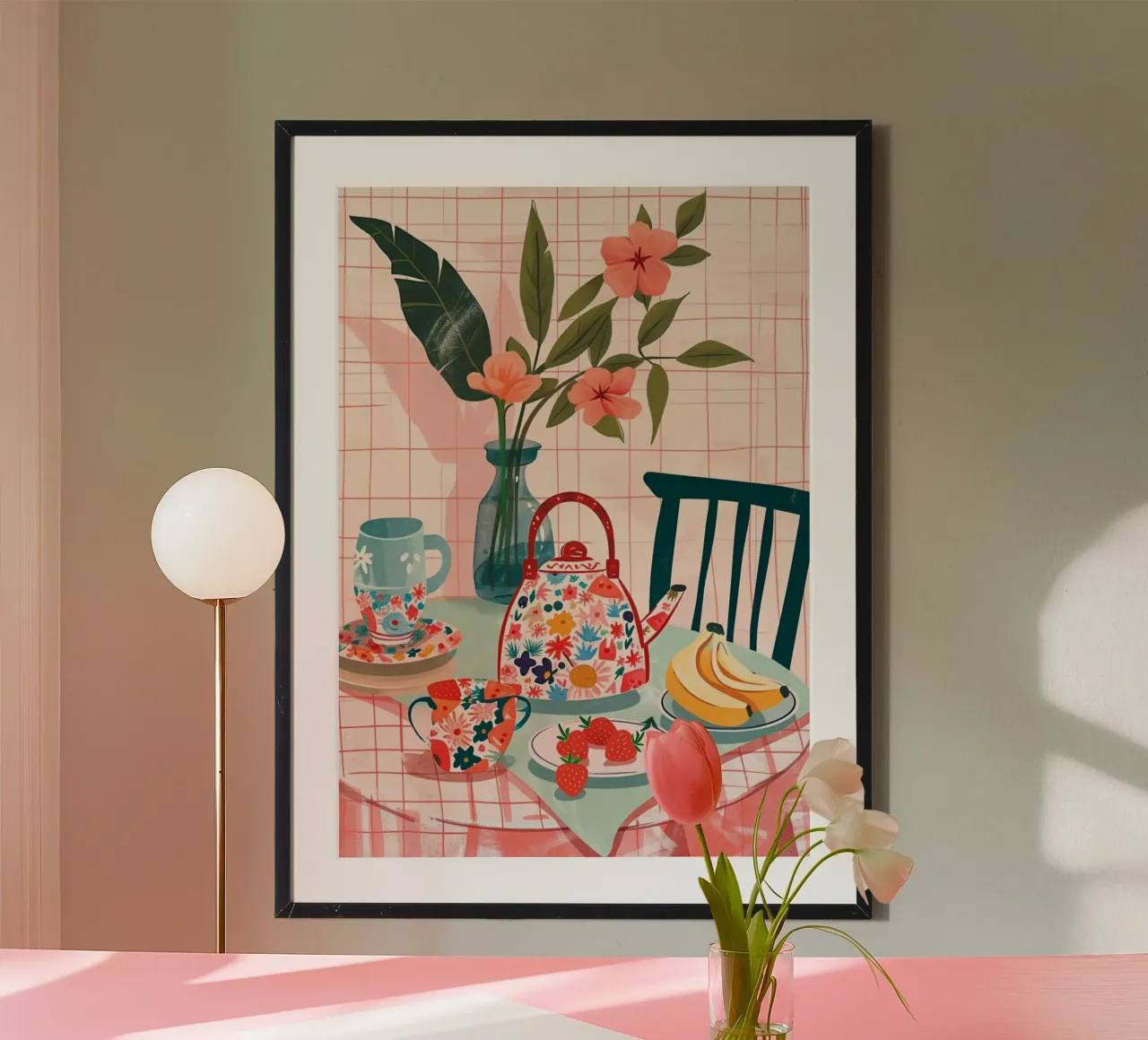 Skurrile Tee-Party-Küchenkunst - Florale Teekanne & Obst-Deko Poster von NorwesClub